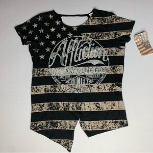 Affliction Womens Black  Shirt Flag Design Live Fast Live Free Motor Works NWT S